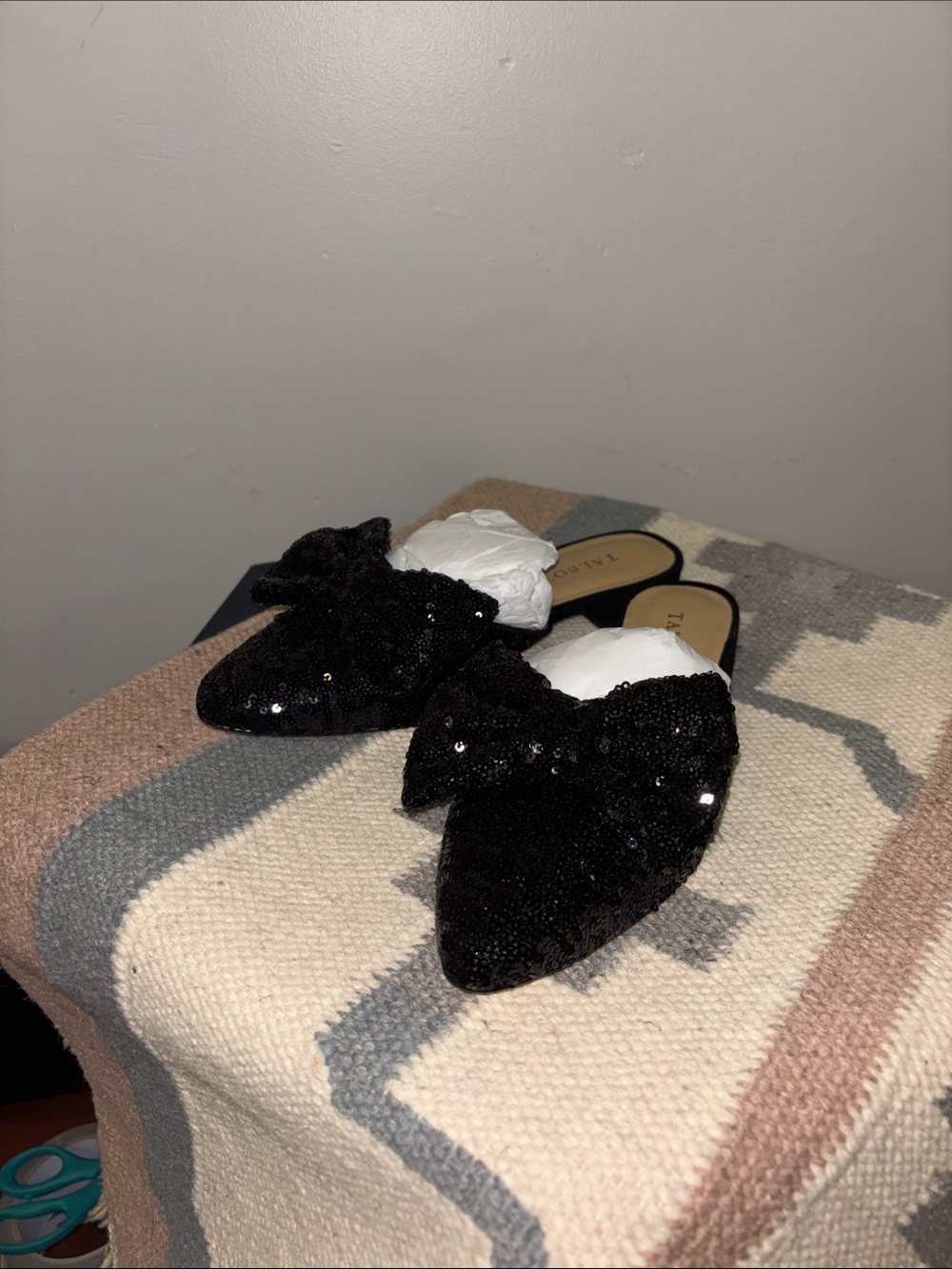 Talbots Black Sequin Bow Pointed Toe Mules